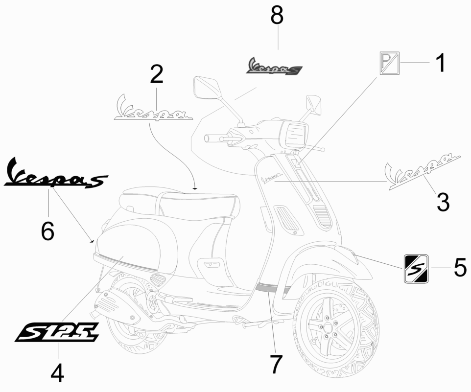 Vespa S 125 College 4T 2V ie no ABS E3 2009-2011 EMEA — Stickers-Emblemen