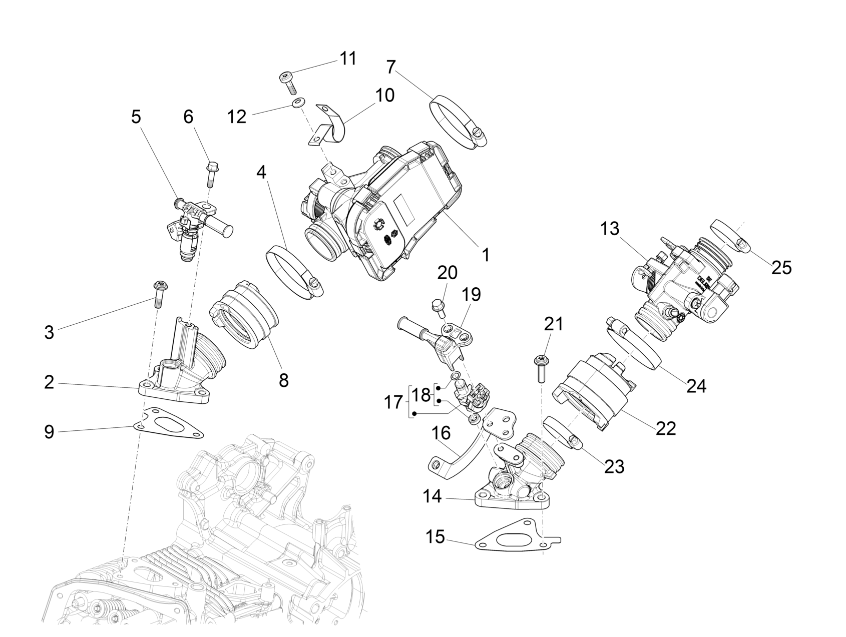 Vespa Primavera 150 4T 3V ie no ABS E3 2013-2015 APAC LATAM — Gasklephuis - Injector - Inlaatspruitstuk