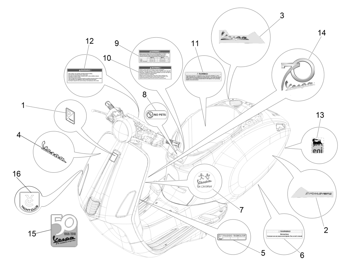 Vespa Primavera 50 4T 4V no ABS E2 2014-2019 NAFTA — Stickers-Emblemen