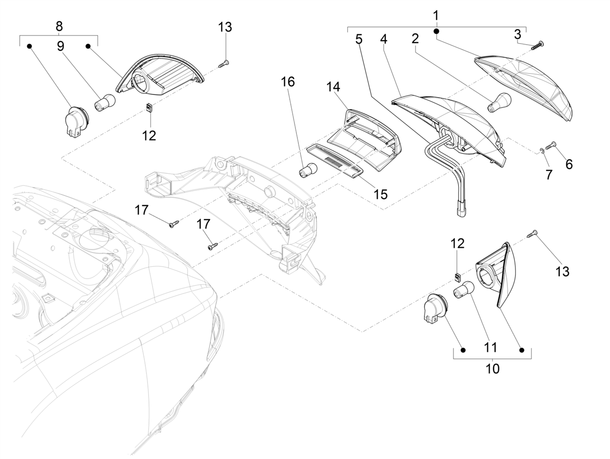 Vespa S 150 4T no ABS E3 2009-2010 APAC — Achterlichten - Knipperlichten