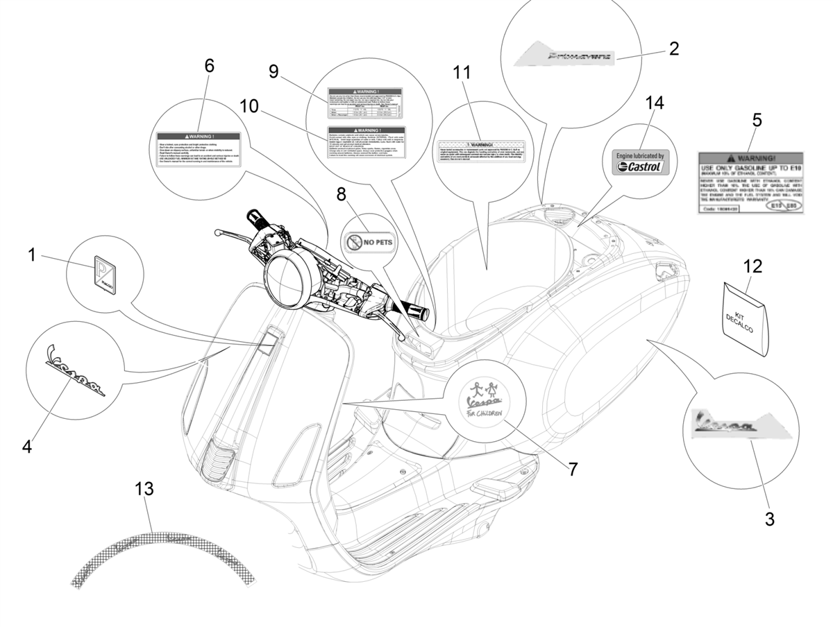 Vespa Primavera 50 4T 3V E4 30 Mph no ABS 2019-2021 NAFTA — Stickers-Emblemen