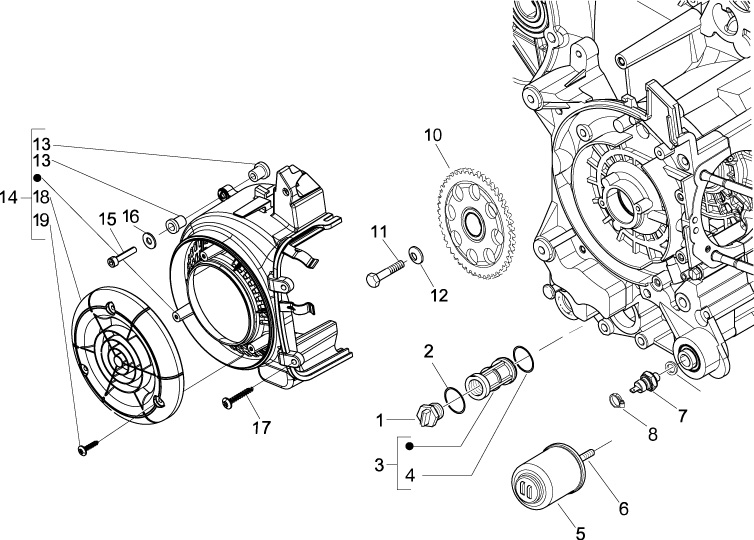 Vespa S 125 College 4T 2V ie no ABS E3 2009-2011 EMEA — Vliegwieldeksel - Oliefilter