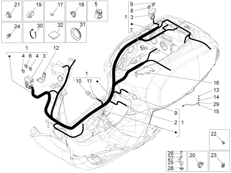 Vespa S 150 4T 3V ie no ABS E3 2012-2014 APAC — Hoofdkabelboom