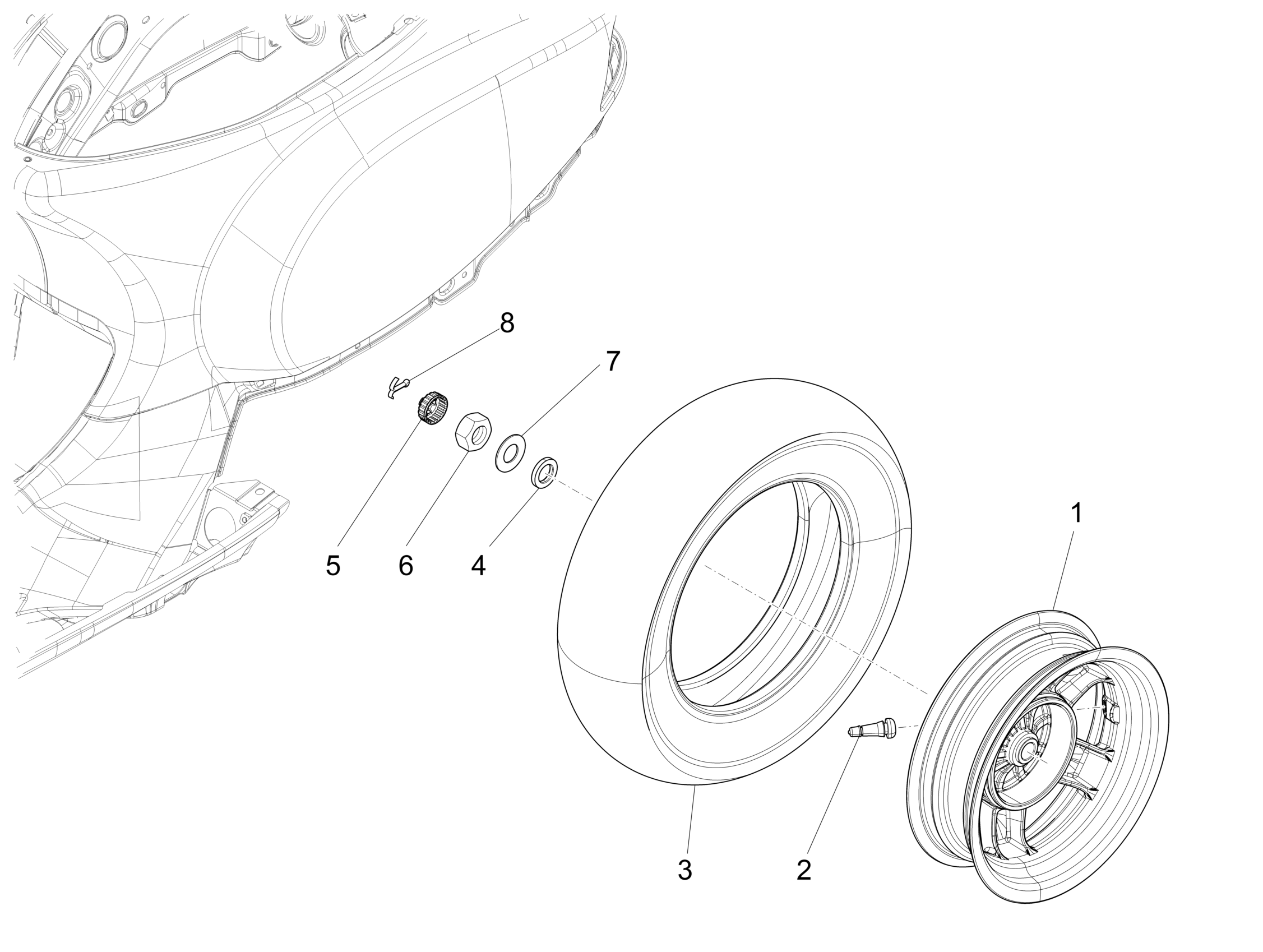 Vespa S 125 4T 3V ie no ABS E3 2012-2017 APAC — Achterwiel