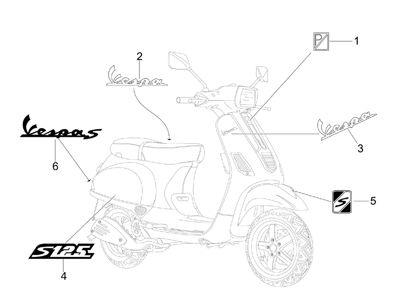 Vespa S 125 4T 2V no ABS E3 2007-2008 EMEA — Stickers-Emblemen