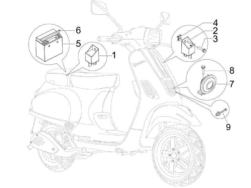 Vespa S 125 4T 2V no ABS E3 2007 EMEA — Relais-Accu-Claxon