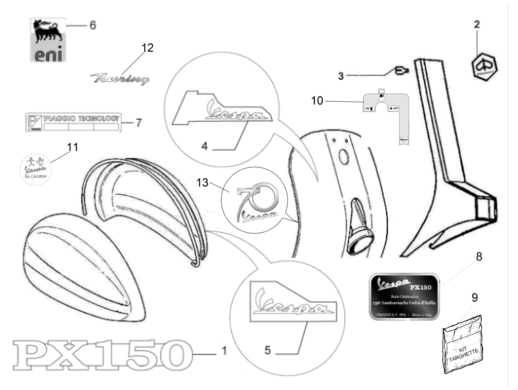 Vespa PX 150 2T no ABS E3 2011-2017 EMEA APAC LATAM — Stickers-Emblemen