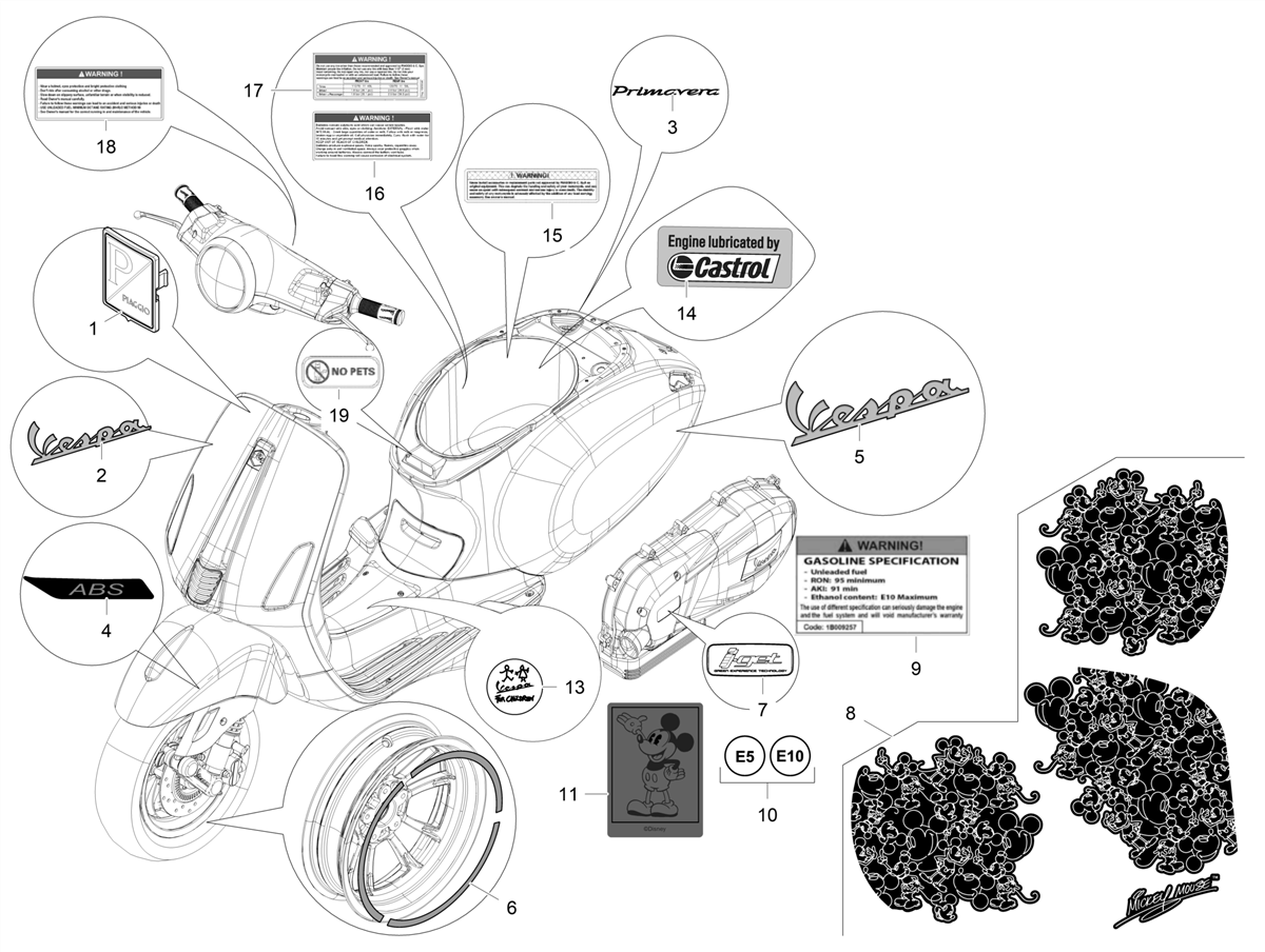 Vespa Primavera 50 4T 3V ie ABS E5 Mickey Mouse 2023 Canada NAFTA — Stickers-Emblemen