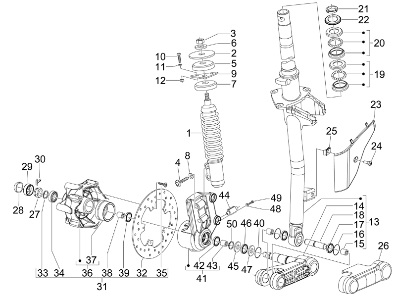 Vespa S 150 4T 2V no ABS E3 2008-2009 EMEA — Voorvork - Balhoofdset