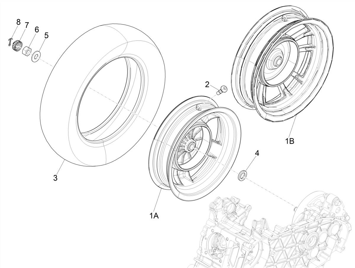 Vespa Primavera 150 4T 3V Iget ABS E4 2016-2023 NAFTA — Achterwiel