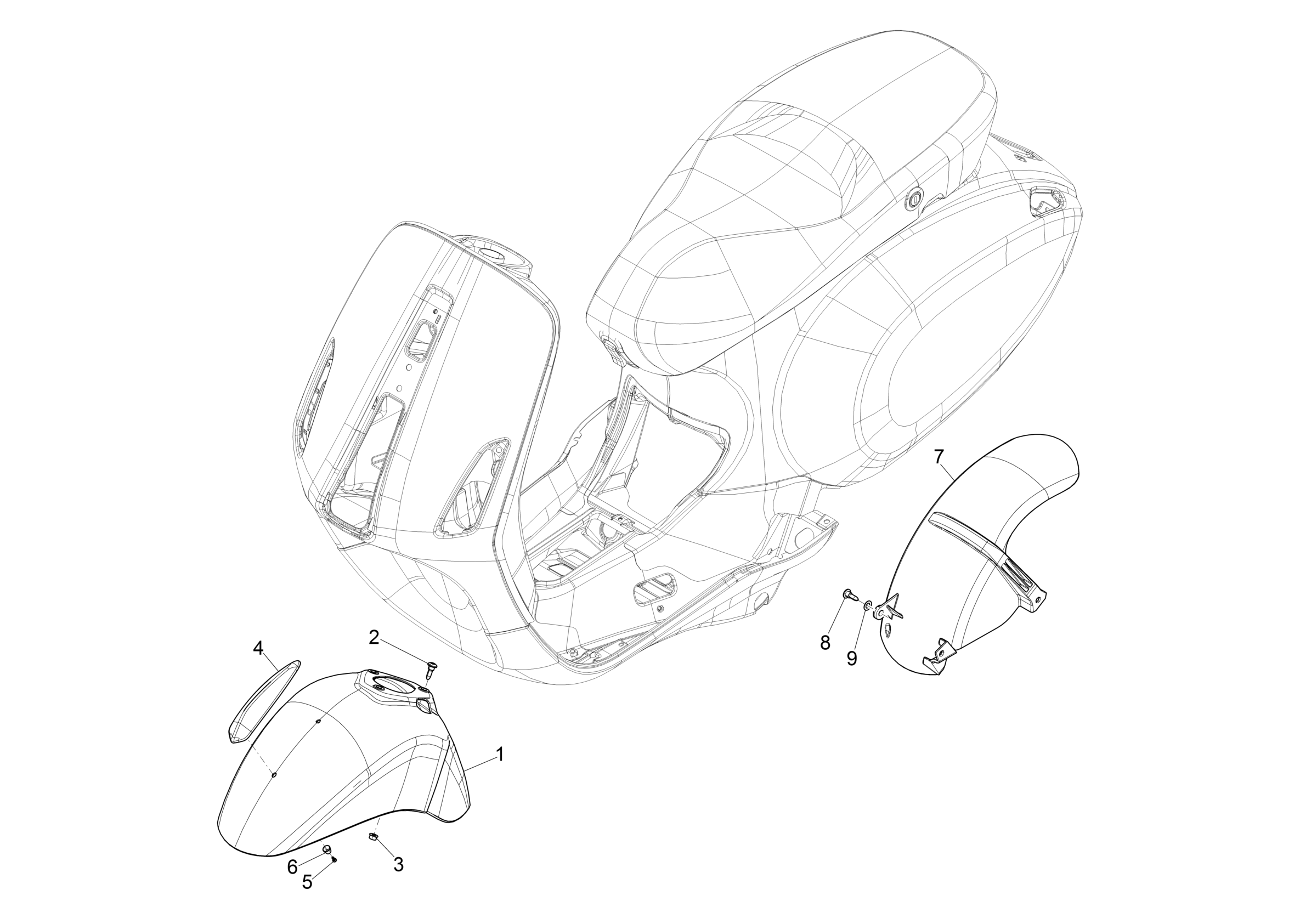 Vespa Primavera 50 2T no ABS E2 E3 2013-2017 EMEA APAC — Wielkasten-Spatborden