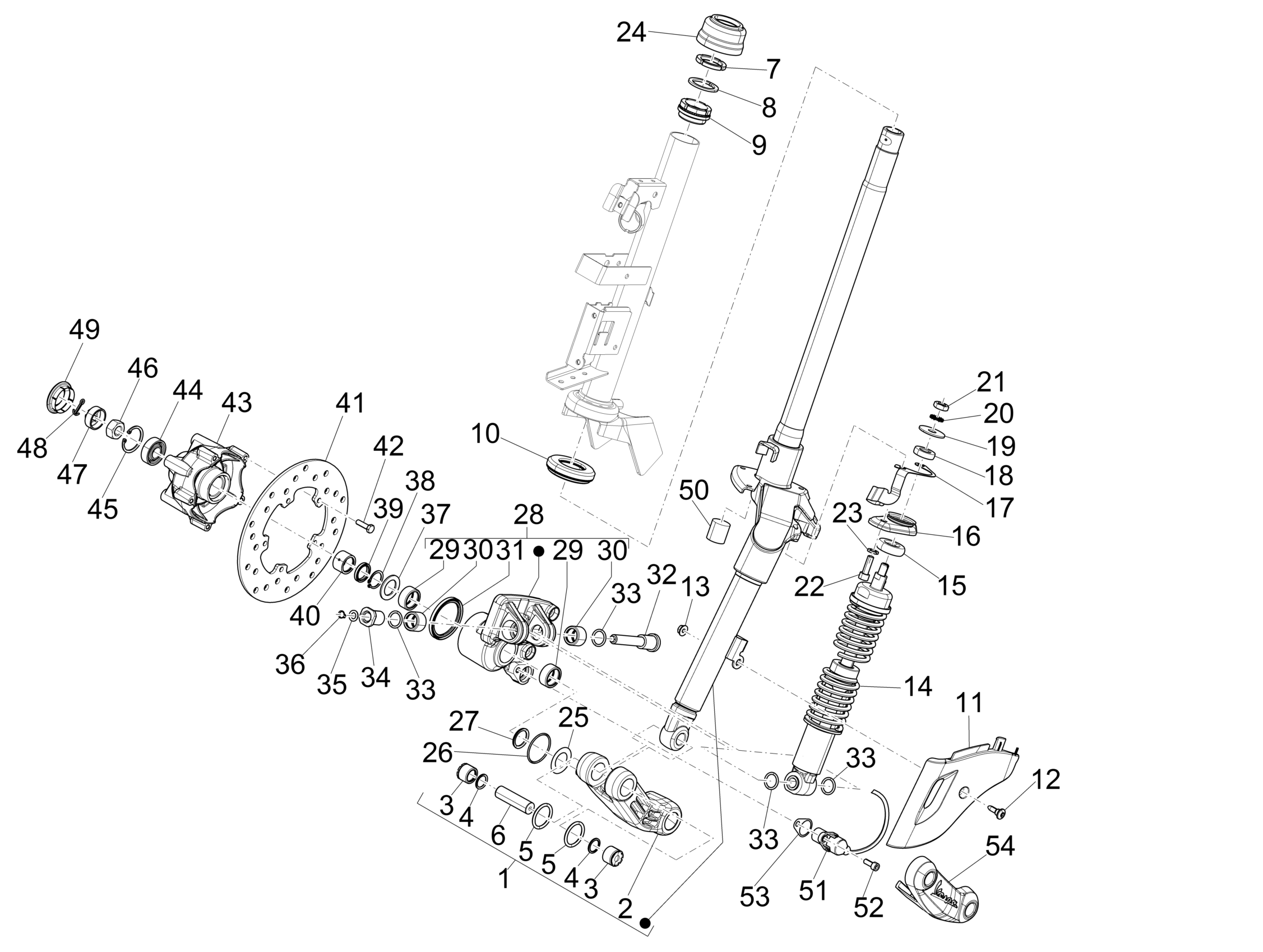 Vespa Sprint 150 4T 3V ie no ABS E3 2015-2016 APAC — Voorvork - Balhoofdset