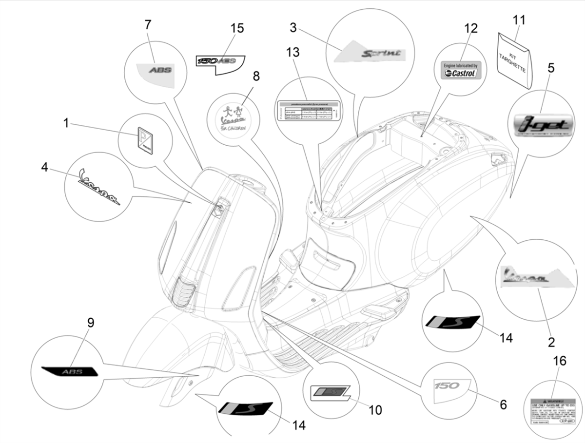 Vespa Sprint 150 4T 3V Iget ABS E5 2021-2023 APAC — Stickers-Emblemen