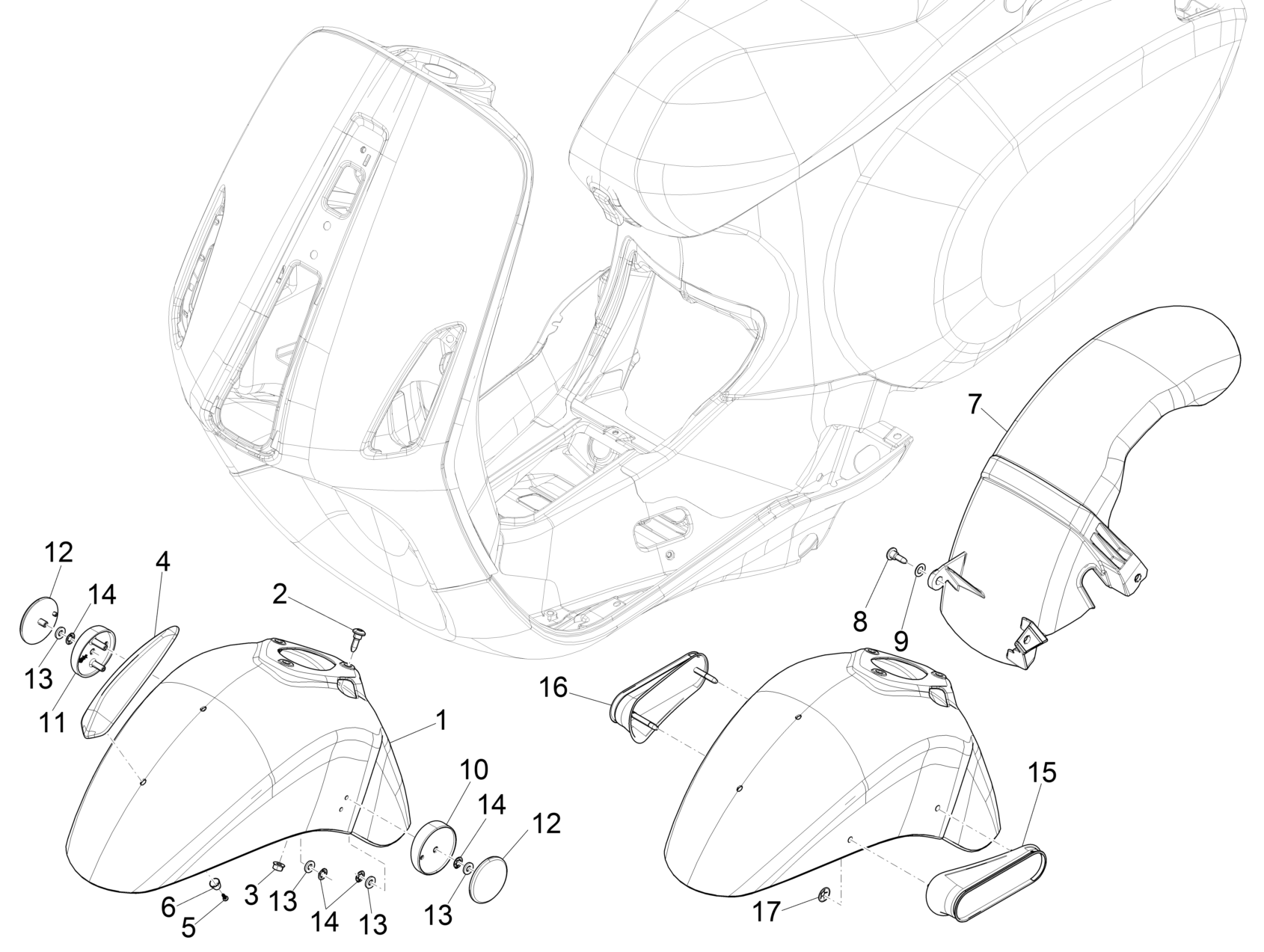 Vespa Primavera 150 4T 3V ie no ABS E3 2013-2015 APAC LATAM — Wielkasten-Spatborden