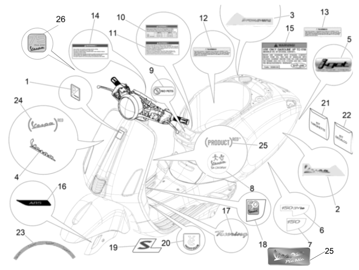 Vespa Primavera 150 4T 3V Iget ABS E4 2016-2023 NAFTA — Stickers-Emblemen