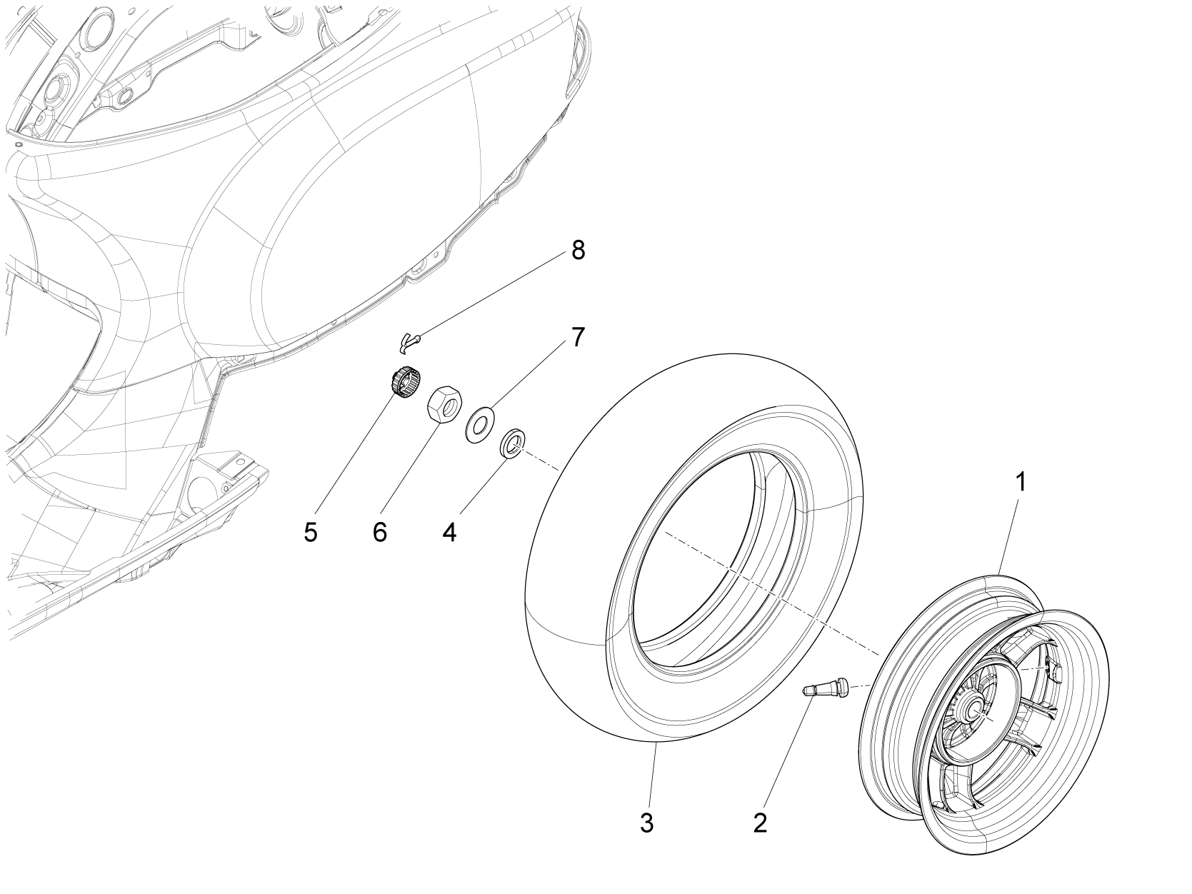 Vespa LX 125 4T 3V ie no ABS E3 2012-2013 EMEA APAC — Achterwiel