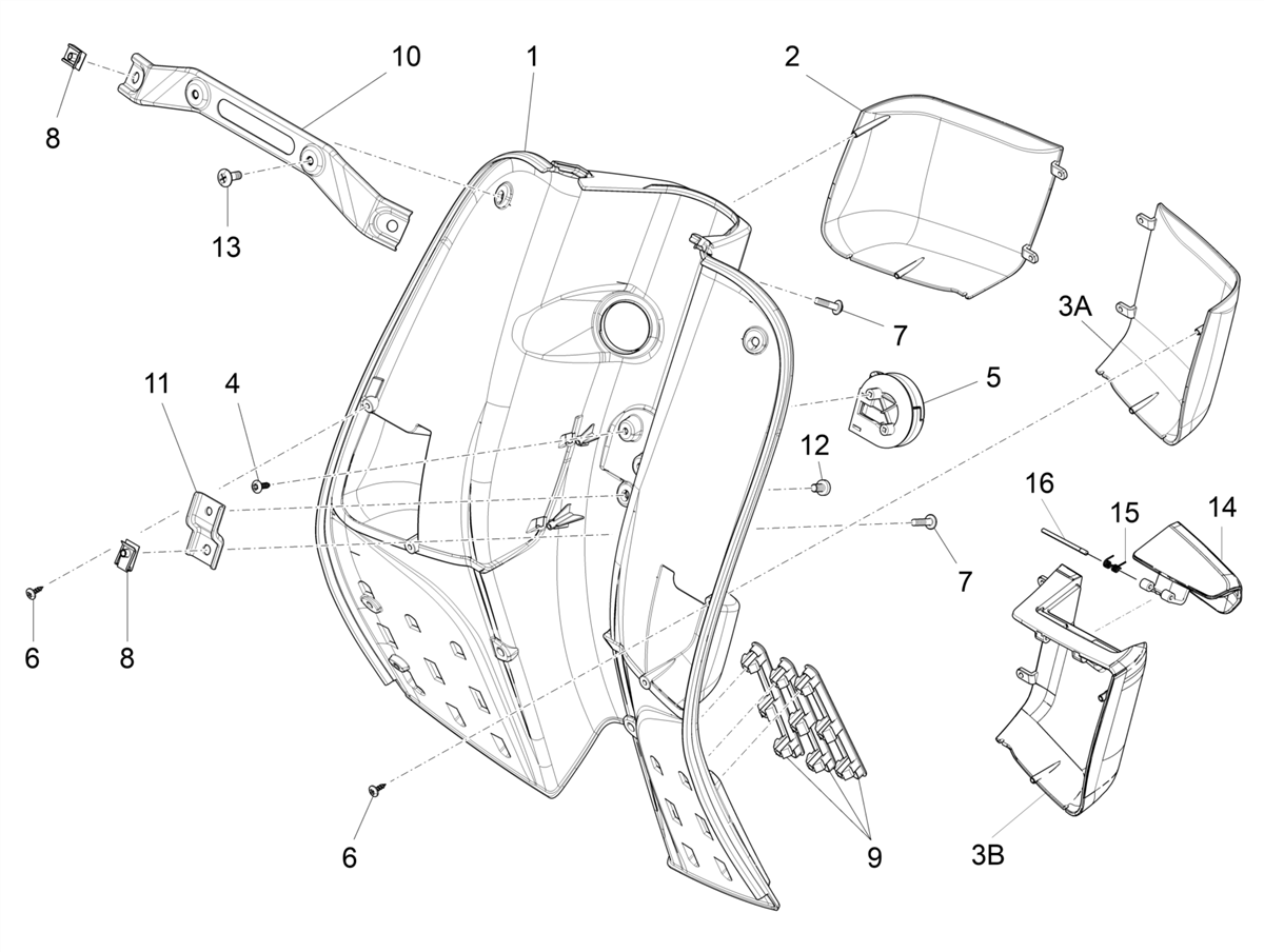 Vespa S 125 4T 3V Iget no ABS E3 E4 2017-2023 APAC — Handschoenenkastje voor - Achterscherm