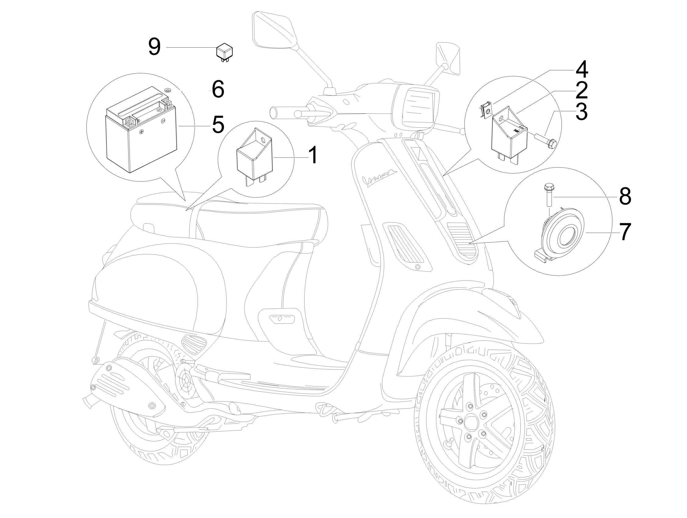 Vespa S 125 College 4T 2V ie no ABS E3 2009-2011 EMEA — Relais-Accu-Claxon