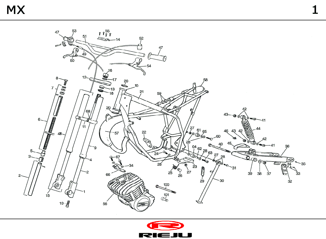 MINI CROSS RIEJU MX ORANJE 2000 — Frame - Voorvork - Stuur - Schokbreker - Achterbrug