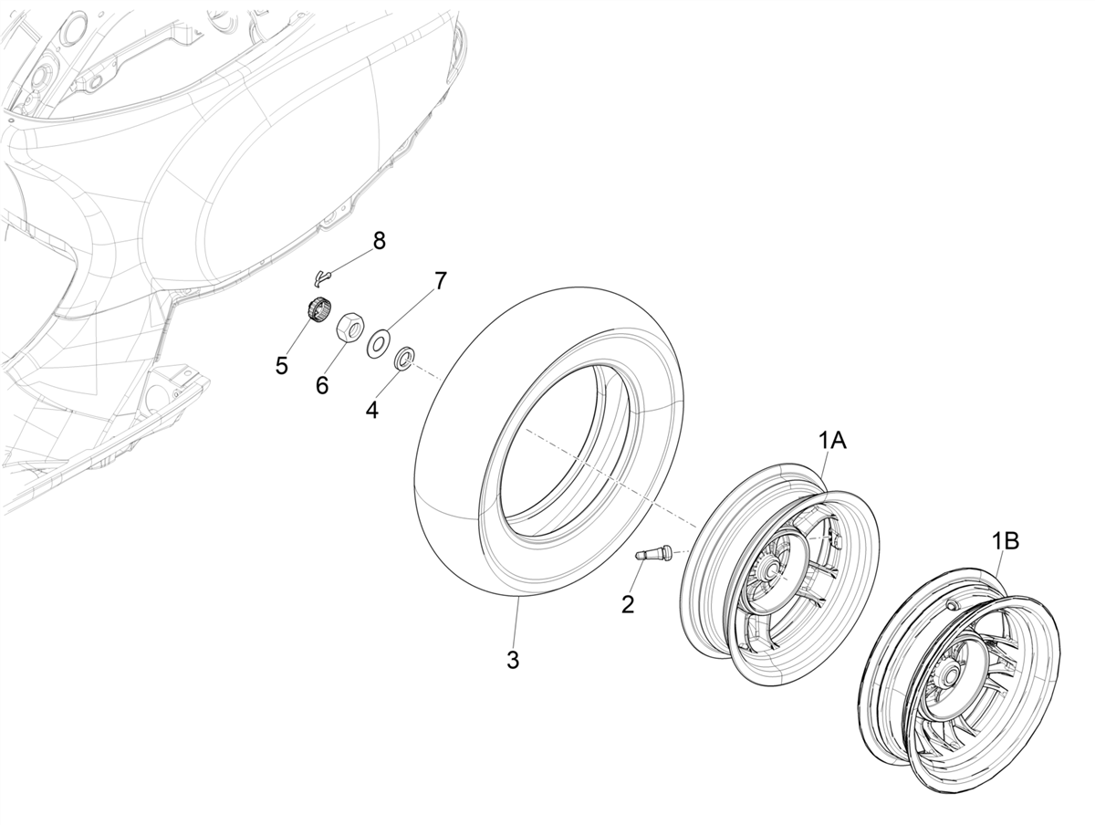 Vespa S 125 4T 3V Iget no ABS E3 E4 2017-2023 APAC — Achterwiel