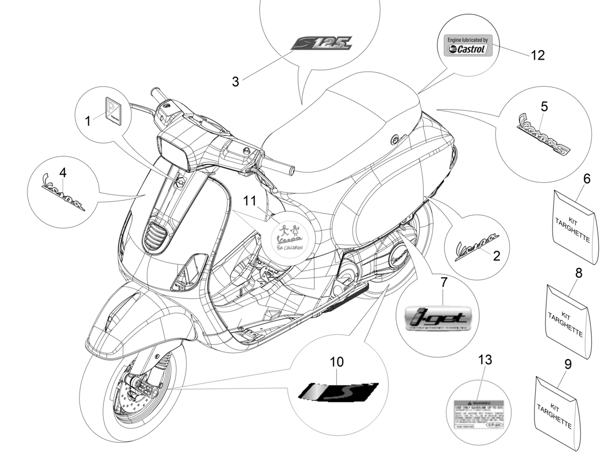 Vespa S 125 4T 3V Iget no ABS E3 E4 2017-2023 APAC — Stickers-Emblemen