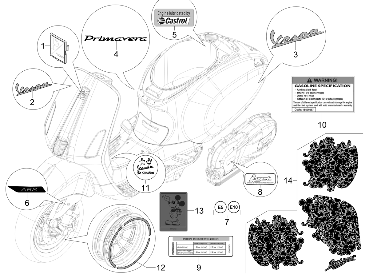Vespa Primavera 50 4T 3V ie ABS E5 Mickey Mouse 2023 EMEA — Stickers-Emblemen