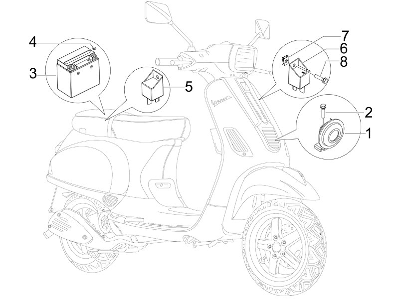 Vespa S 150 4T 2V no ABS E3 2008-2009 EMEA — Relais-Accu-Claxon