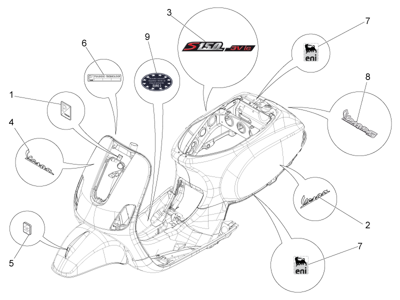 Vespa S 150 4T 3V ie no ABS E3 2012-2014 APAC — Stickers-Emblemen