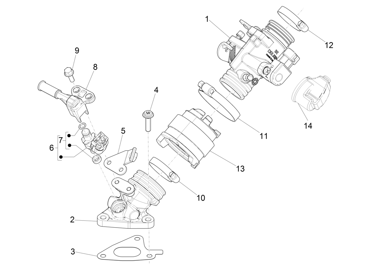 Vespa S 125 4T 3V Iget no ABS E3 E4 2017-2023 APAC — Gasklephuis - Injector - Inlaatspruitstuk